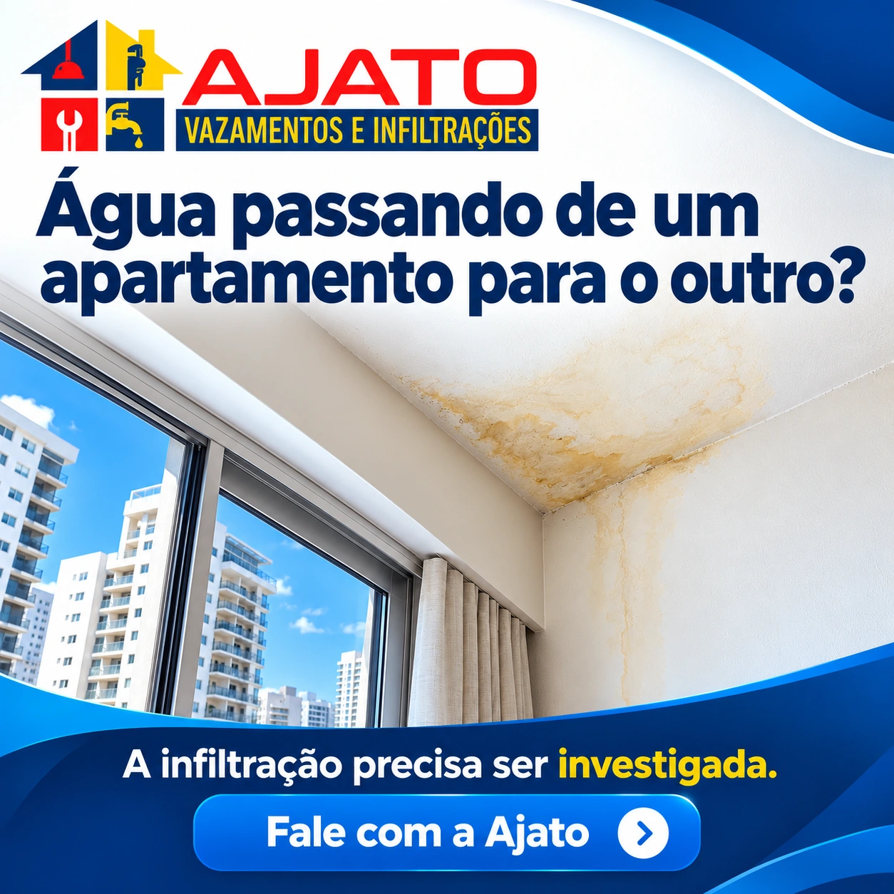 Ajato Vazamentos e Infiltrações. Água passando de um apartamento para o outro? A infiltração precisa ser investigada. Fale com a Ajato.